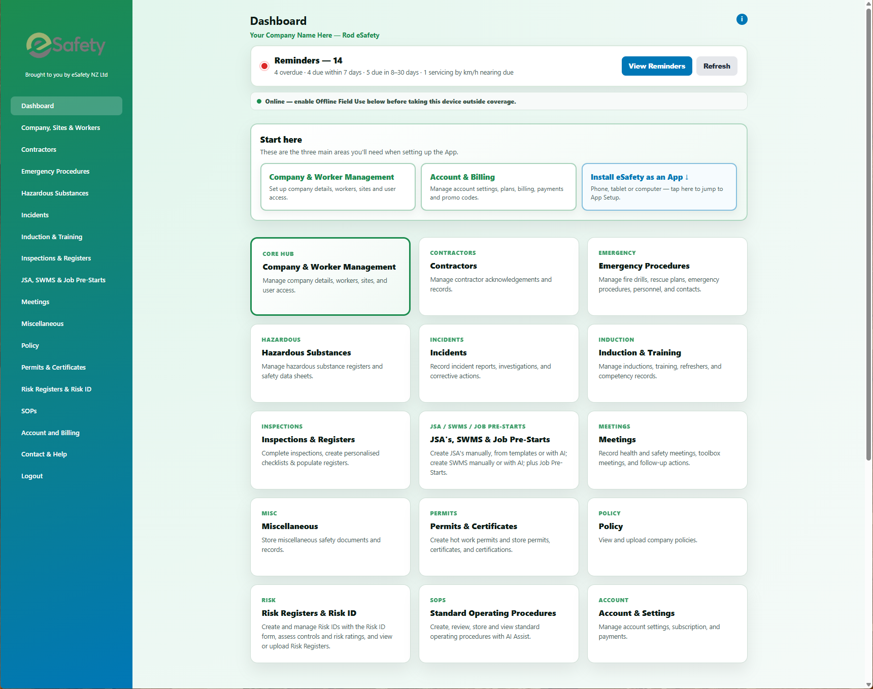 eSafety App: Dashboard