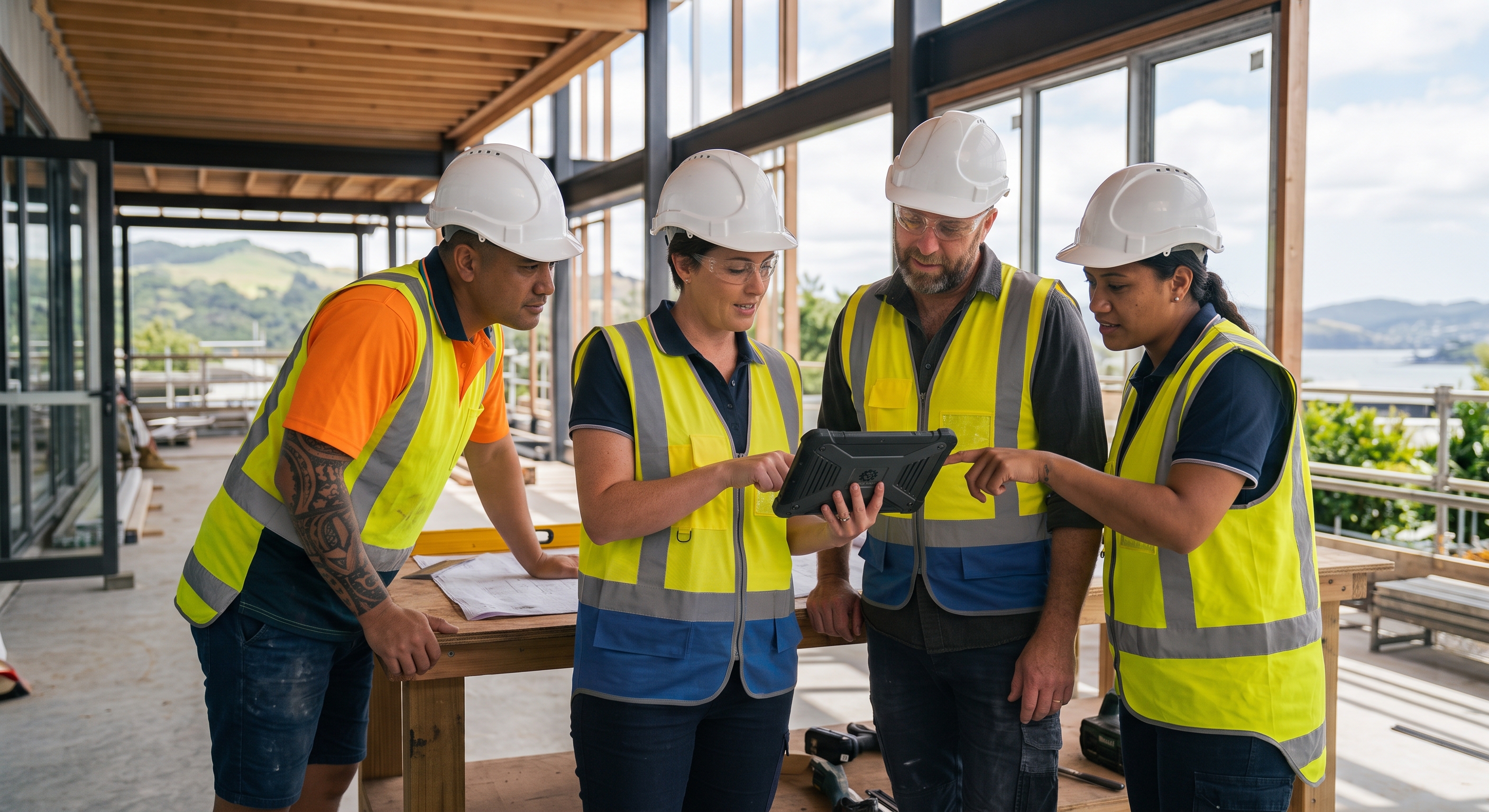 A diverse construction team in hard hats and high-visibility clothing reviewing Health and Safety information together on a tablet